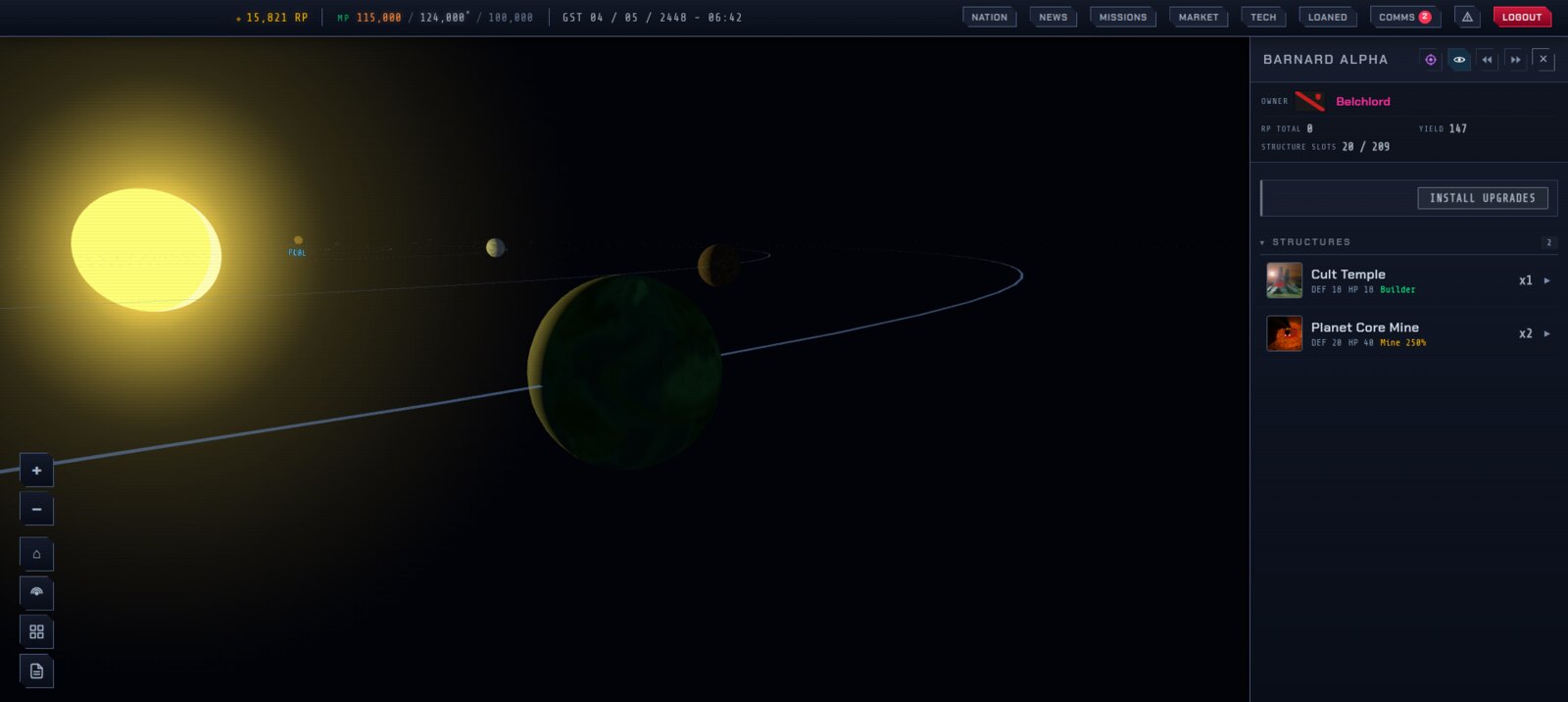 A star system in the solar view: sun, textured planets and the system panel