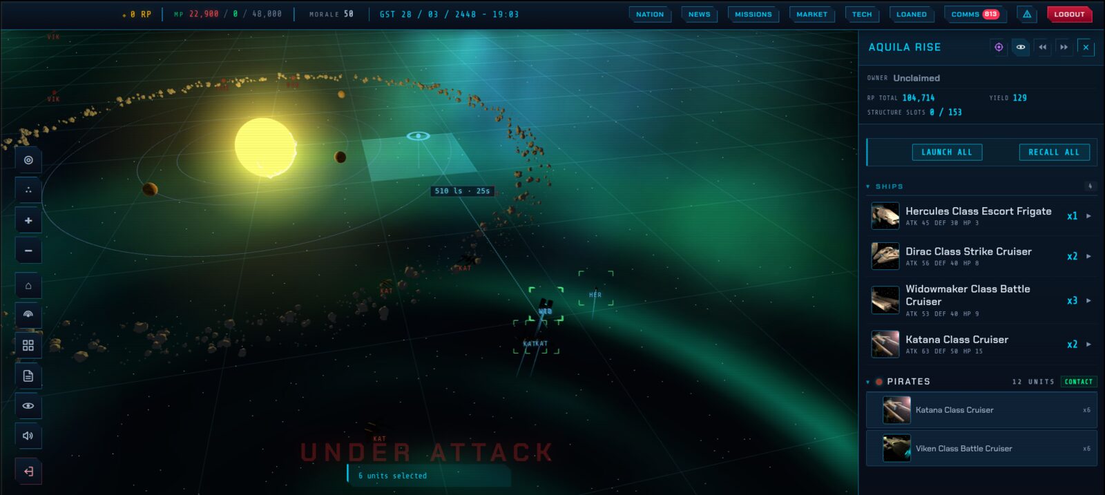 Commanding a fleet in the solar view: a movement reticle showing distance and arrival time, six ships selected, and combat under way